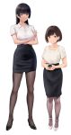  2girls black_hair black_skirt breasts brown_eyes brown_hair brown_pantyhose collared_shirt crossed_arms height_difference high_heels highres hime_cut interlocked_fingers large_breasts long_hair long_legs looking_at_viewer multiple_girls office_lady original pantyhose pencil_skirt shirt shirt_tucked_in short_hair skirt wa_(genryusui) white_background white_shirt 