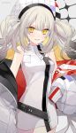  1388chan 1girl artist_name bare_shoulders blonde_hair breasts colored_inner_hair commentary cowboy_shot double-parted_bangs dress eyes_visible_through_hair fate/grand_order fate_(series) grey_background grey_hair grin hair_between_eyes hat highres jacket lipstick long_hair long_sleeves looking_at_viewer makeup marie_antoinette_(alter)_(fate) marie_antoinette_(alter)_(first_ascension)_(fate) marie_antoinette_(fate) multicolored_hair off_shoulder open_clothes open_jacket purple_lips simple_background sleeveless sleeveless_dress small_breasts smile solo standing twitter_username two_side_up very_long_hair white_dress white_hat white_jacket yellow_eyes 