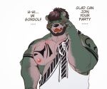 anthro bear blush brown_hair crave_saga english_text fur gordolph_(crave_saga) green_body green_fur hair hi_res male mammal monochrome_kg muscular muscular_anthro muscular_male nipples pecs solo tattoo text