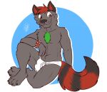 anthro biped black_body black_ears black_fur black_nose black_tail blue_background briefs bulge canid canine clothed clothing cute_fangs detailed_bulge dipstick_tail fur gaokun green_body green_fur hair looking_at_viewer male mammal markings monotone_ears monotone_hair multicolored_body multicolored_fur red_hair red_inner_ear red_tail simple_background solo tail tail_markings tighty_whities two_tone_body two_tone_fur two_tone_tail underwear underwear_only watermark white_background white_briefs white_clothing white_underwear yellow_eyes