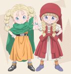  bianca_(dq5) blonde_hair blue_eyes bracelet braid cape child dragon_quest dress earrings gensei00 green_cape grin highres holding_hands in-franchise_crossover jewelry layered_dress looking_at_viewer orange_robe puffy_short_sleeves puffy_sleeves red_dress red_hat robe short_sleeves smile standing twin_braids veronica_(dq11) 