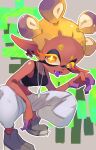  1girl baggy_pants colored_eyelashes commentary_request dark-skinned_female dark_skin frye_(splatoon) full_body highres inkling jewelry koike3582 long_pointy_ears necklace official_alternate_costume official_alternate_hairstyle orange_eyes pants pointy_ears short_hair solo splatoon_(series) splatoon_3 squatting star-shaped_pupils star_(symbol) symbol-shaped_pupils tentacle_hair thick_eyebrows tongue tongue_out white_pants yellow_pupils 