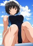  1girl amagami black_eyes black_hair black_one-piece_swimsuit blue_one-piece_swimsuit breasts competition_swimsuit from_below highres looking_at_viewer medium_breasts nanasaki_ai one-piece_swimsuit parted_lips short_hair sitting sky solo swimsuit two-tone_swimsuit yuuyuu_(3jjbn) 