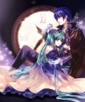  1boy 1girl aqua_eyes aqua_hair blue_eyes blue_hair cantarella_(vocaloid) cape clock commentary_request couple detached_sleeves dress earrings flower formal gloves hair_flower hair_ornament hatsune_miku hetero jewelry kaito_(vocaloid) long_hair photoshop_(medium) revision shinhwe sitting very_long_hair vocaloid 