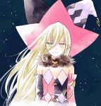  1girl bare_shoulders black_dress blonde_hair blue_background closed_mouth detached_sleeves dress enoki_kino flat_chest hat jester_cap light_smile long_bangs long_hair magilou_(tales) pink_dress pointy_ears solo tales_of_(series) tales_of_berseria two-tone_dress upper_body very_long_hair yellow_eyes 