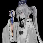  1girl black_background blue_eyes blue_hat cerevevisiae closed_mouth coat grey_hair hat highres holding japanese_clothes kariginu long_hair long_sleeves mononobe_no_futo object_request pom_pom_(clothes) profile ribbon-trimmed_sleeves ribbon_trim simple_background smile solo tate_eboshi touhou upper_body white_coat wide_sleeves 