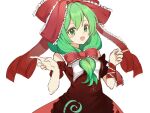  1girl arm_ribbon bare_shoulders bow dress frilled_bow frilled_ribbon frills front_ponytail green_eyes green_hair hair_bow hair_ribbon highres kagiyama_hina looking_at_viewer off-shoulder_dress off_shoulder open_mouth puffy_short_sleeves puffy_sleeves red_bow red_ribbon ribbon short_sleeves shuoqilaiyoudian simple_background smile solo touhou white_background 
