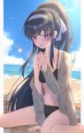  1girl beach bikini black_bikini black_hair blue_archive blush breasts cardigan cloud cloudy_sky collarbone halo high_ponytail highres jewelry long_hair medium_breasts navel necklace ocean off_shoulder open_cardigan open_clothes purple_eyes sidelocks sky sweatdrop swimsuit ui_(blue_archive) ui_(swimsuit)_(blue_archive) uryua0324 very_long_hair 