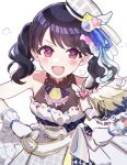  1girl aosoraa6 bare_shoulders beret black_hair commentary_request dress fangs fukumaru_koito gloves hair_ornament hat idolmaster idolmaster_shiny_colors looking_at_viewer mini_hat open_mouth purple_eyes skin_fangs solo twintails white_background white_dress white_gloves 