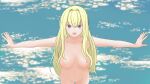  1girl absurdres beach bezyta99 blonde_hair blush breasts completely_nude grey_eyes happy highres long_hair looking_at_viewer navel nipples nude ocean open_mouth original outstretched_arms smile solo standing water 