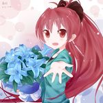  2013 aoi_(pixiv2498037) artist_name commentary_request dated fangs flower highres long_hair looking_at_viewer mahou_shoujo_madoka_magica open_mouth outstretched_hand ponytail red_eyes red_hair sakura_kyouko solo 