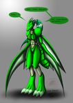  anthro blades blue_eyes breasts claws english_text eyelashes female green_body green_hair hair insectoid long_hair looking_at_viewer nintendo pok&#233;mon pok&eacute;mon sasha_(snowfyre) scyther snowfyre solo standing text toe_claws video_games wings 