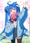  1girl @_@ ahoge animal_ears black_pantyhose blue_coat blue_eyes blue_hair cellphone coat highres horse_ears horse_girl kiromo long_hair long_sleeves looking_at_viewer pantyhose phone pink_eyes red_scarf scarf sharp_teeth shorts smartphone smartphone_case solo teeth twin_turbo_(umamusume) twintails twitter_username umamusume upper_teeth_only 