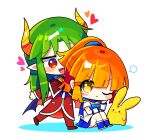  1boy 1girl arle_nadja blue_footwear boots brown_eyes brown_hair carbuncle_(puyopuyo) chibi closed_mouth demon_horns fang green_hair heart highres horns long_hair long_sleeves looking_at_another offbeat one_eye_closed open_mouth pointy_ears puyopuyo red_eyes satan_(puyopuyo) short_hair short_ponytail short_sleeves 