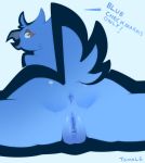  2019 anthro anus avian beak bird blue_feathers butt digital_drawing_(artwork) digital_media_(artwork) english_text feathers female looking_at_viewer looking_back meme nude open_mouth presenting presenting_hindquarters presenting_pussy pussy simple_background smile solo spread_legs spreading tail_feathers text tomol6 tweetfur twitter 