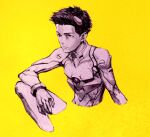  1boy commentary_request greyscale_with_colored_background headgear highres iwamoto_tatsurou looking_to_the_side male_focus neon_genesis_evangelion plugsuit rebuild_of_evangelion simple_background sitting solo suzuhara_touji yellow_background 