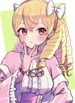  1girl blonde_hair blush bow closed_mouth dress drill_hair earrings eyelashes fire_emblem fire_emblem_awakening gloves gogatsu_(yeaholiday) hair_between_eyes hair_bow highres jewelry long_hair long_sleeves looking_at_viewer maribelle_(fire_emblem) pink_dress pink_gloves red_eyes solo upper_body white_bow 