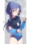  1girl black_shirt blue_archive blue_buruma blue_jacket bottle buruma cowboy_shot halo holding holding_bottle id_card jacket koruri lanyard long_hair long_sleeves mechanical_halo official_alternate_costume official_alternate_hairstyle ponytail purple_eyes purple_hair shirt solo track_jacket twitter_username water_bottle yuuka_(blue_archive) yuuka_(track)_(blue_archive) 