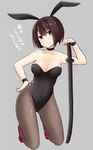  animal_ears black_legwear breasts brown_eyes brown_hair bunny_ears bunnysuit choker cleavage fishnet_pantyhose fishnets hyuuga_(kantai_collection) ica kantai_collection katana medium_breasts pantyhose short_hair solo sword translated weapon wrist_cuffs 