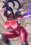  1girl arm_guards armor black_hair bodysuit breasts brown_eyes covered_nipples ema_(emaura) fingerless_gloves full-body_tattoo gloves impossible_bodysuit impossible_clothes kodachi large_breasts long_hair ninja ponytail pubic_tattoo red_bodysuit short_sword shoulder_armor skin_tight sleeveless sleeveless_bodysuit solo soulcalibur sword sword_behind_back taki_(soulcalibur) tattoo weapon 