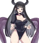  1girl black_eyes black_hair blunt_bangs breasts cleavage commentary cowboy_shot demon_horns feathered_wings granblue_fantasy highres hime_cut horns hu-min_(okok6341) large_breasts long_hair looking_at_viewer magus_(granblue_fantasy) simple_background solo white_background wings 