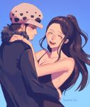  1boy 1girl black_dress black_hair blush breasts cleavage closed_eyes closed_mouth commentary_request couple dress earrings facial_hair fur_hat fur_trim goatee hat hetero highres hug jewelry long_hair long_sleeves looking_at_another nico_robin one_piece ponytail seraphim_hani short_hair sleeveless smile spaghetti_strap trafalgar_law yellow_eyes 