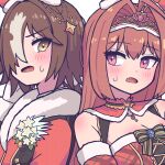  2girls absurdres animal_ears bare_shoulders blush bow breasts brown_eyes brown_hair cleavage commentary_request daiwa_scarlet_(scarlet_nuit_etoile)_(umamusume) daiwa_scarlet_(umamusume) dress fang flower fur-trimmed_jacket fur_trim green_bow hair_intakes hair_over_one_eye highres horse_ears jacket jin_(jinkwon1147) key korean_commentary medium_breasts multicolored_hair multiple_girls open_mouth plaid plaid_dress red_dress red_eyes red_jacket simple_background striped_bow sweat tiara two-tone_hair umamusume upper_body vodka_(nonfreezing_aqua_vitae)_(umamusume) vodka_(umamusume) white_background white_flower white_hair 