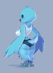  2019 anthro avian beak big_breasts bird blue_feathers booty_shorts breasts butt clothed clothing digital_media_(artwork) feathers female grey_background nibhaaz shirt shorts side_boob simple_background solo tank_top thick_thighs tweetfur twitter 