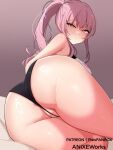  1girl ass ass_grab black_panties breasts hololive hololive_english large_breasts long_hair looking_at_viewer mori_calliope open_mouth panties pigmentmizu pink_hair ponytail pussy pussy_peek red_eyes solo thighs underwear virtual_youtuber 