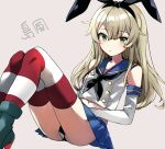  1girl animal_ears black_neckerchief black_panties blonde_hair blue_sailor_collar blue_skirt closed_mouth elbow_gloves gloves green_eyes grey_footwear highres kantai_collection kneehighs long_hair looking_at_viewer microskirt miniskirt navel neckerchief panties pleated_skirt rabbit_ears sailor_collar school_uniform serafuku shimakaze_(kancolle) simple_background skirt socks solo string_panties striped_clothes striped_socks underwear urabanasimati white_gloves white_serafuku zettai_ryouiki 