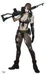  ami_thompson bad_id bad_pixiv_id belt bikini boots breasts brown_hair cleavage combat_boots dragunov_svd explosive front-tie_bikini front-tie_top full_body gloves grenade gun highleg highleg_bikini highleg_swimsuit holster large_breasts metal_gear_(series) metal_gear_solid metal_gear_solid_v midriff mismatched_gloves navel over_shoulder pantyhose ponytail quiet_(metal_gear) rifle sniper_rifle solo suspenders swimsuit thigh_holster torn_clothes torn_legwear weapon weapon_over_shoulder 