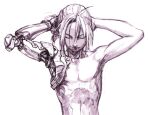  1boy closed_eyes commentary_request edward_elric fullmetal_alchemist greyscale hair_tie_in_mouth iwamoto_tatsurou male_focus mechanical_arms monochrome mouth_hold simple_background single_mechanical_arm solo toned topless_male tying_hair 