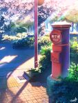  absurdres cherry_blossoms commentary_request dappled_sunlight day grate highres leaf light_rays no_humans original outdoors park postbox_(outgoing_mail) scenery sewer_grate shadow signature sky smile_(qd4nsvik) spring_(season) sunbeam sunlight traffic_mirror tree 