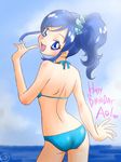  aikatsu! aikatsu!_(series) bikini blue_eyes blue_hair from_behind happy_birthday kiriya_aoi long_hair looking_back ocean ponytail ruriruri swimsuit water 