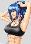  abs adjusting_hair armpits arms_behind_head arms_up bare_shoulders black_tank_top blue_eyes blue_hair breasts dog_tags earrings gloves hand_in_own_hair hands_in_hair highres holding holding_hair jewelry kd_kaewdesu leona_heidern midriff muscular muscular_female ponytail tank_top the_king_of_fighters triangle_earrings tying_hair 