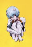  1girl ayanami_rei blue_hair bodysuit commentary_request expressionless headgear highres interface_headset iwamoto_tatsurou knees_to_chest looking_to_the_side neon_genesis_evangelion pilot_suit plugsuit rebuild_of_evangelion red_eyes short_hair simple_background sitting solo white_bodysuit yellow_background 