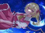  1girl ascot blonde_hair cowboy_shot crescent_moon crystal_wings dress flandre_scarlet hiba looking_at_viewer moon night night_sky puffy_short_sleeves puffy_sleeves red_dress red_eyes red_ribbon ribbon short_sleeves side_ponytail sky solo star_(sky) starry_sky touhou yellow_ascot 