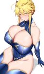  1girl absurdres arind_yudha artoria_pendragon_(fate) artoria_pendragon_(lancer)_(fate) bare_shoulders blonde_hair blue_gloves blue_leotard blue_thighhighs blush breasts cleavage closed_mouth covered_navel elbow_gloves fate/grand_order fate_(series) gloves green_eyes highleg highleg_leotard highres huge_breasts leotard looking_at_viewer medium_hair sidelocks simple_background sitting solo thighhighs thighs white_background 