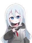  1girl blue_eyes blush commentary_request grey_hoodie hair_between_eyes highres hood hood_down hoodie long_hair long_sleeves looking_at_viewer oan_(o_annn) parted_lips project_sekai simple_background solo split_mouth upper_body white_background white_hair yoisaki_kanade 