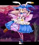  absurdres animal_ears baseball_bat bow bubble_skirt bunny_ears dress forest frown full_body hat highres irisu_kyouko irisu_shoukougun! nail nail_bat nature red_eyes shoes skirt solo striped striped_legwear thighhighs white_hair witch_hat 