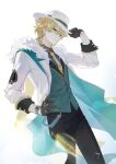  1boy aventurine_(honkai:_star_rail) black_gloves black_pants blonde_hair blue_eyes buttons cancanbingo closed_mouth coat collared_shirt cowboy_shot earrings fedora fur-trimmed_coat fur_trim gloves grey_shirt hair_between_eyes half_gloves hand_on_headwear hand_on_own_hip hand_up hashtag_only_commentary hat highres honkai:_star_rail honkai_(series) jewelry lapels long_sleeves looking_at_viewer male_focus multicolored_eyes multiple_rings necktie open_clothes open_coat pants parted_bangs purple_eyes ring shirt short_hair sideways_glance simple_background sleeves_rolled_up smile solo spade_(shape) standing vest watch white_background white_coat white_hat wing_collar wristwatch yellow_necktie 