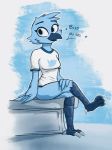  2019 anthro avian beak bird blue_beak blue_eyes blue_feathers bottomless breasts clothed clothing enginetrap feathers female meme non-mammal_breasts shirt sitting smile solo tweetfur twitter wings 