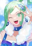  1girl ;d blue_collar blue_vest cloud collar commentary_request day earrings eyelashes green_eyes green_hair hand_up happy highres jewelry kana_(kanna_runa0620) lisia_(pokemon) one_eye_closed open_mouth outdoors pokemon pokemon_oras scarf sidelocks sky smile solo teeth tongue upper_body upper_teeth_only vest w white_scarf 