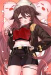  1girl absurdres black_gloves black_nails black_skirt boo_tao_(genshin_impact) breasts brown_hair brown_jacket commentary_request cowboy_shot crop_top fingerless_gloves flower genshin_impact gloves hair_ornament hand_on_own_hip highres hu_tao_(galaxy_store)_(genshin_impact) hu_tao_(genshin_impact) ineka_ka jacket jewelry long_hair looking_at_viewer medium_breasts midriff miniskirt nail_polish official_alternate_costume open_clothes open_jacket open_mouth pink_background red_eyes red_shirt shirt skirt thigh_strap thighs twintails 