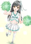  artist_name black_hair blush cheerleader commentary_request crop_top crop_top_overhang hair_ornament highres kinoebi long_hair looking_at_viewer midriff navel open_mouth original pom_poms skirt smile solo thighhighs yellow_eyes 