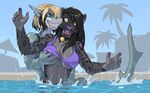  anthro beach bell bikini black_fur black_hair blonde_hair blue_eyes boxy breast_fondling breast_grab breasts claws clothed clothing collar duo fangs feline female fish fondling fur furry-specific_piercing grey_body grin haiku hair interspecies leopard lesbian lip_ring mammal marine navel nipples piercing purple_fur purple_nose sabertooth seaside shark sharp_teeth skimpy snakebites surprise swimming swimsuit tail_piercing tattoo teeth two_tone_hair water wolfy-nail 