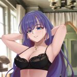  1girl absurdres armpits arms_behind_head arms_up bare_shoulders black_bra blue_eyes blush bra breasts cleavage collarbone cross cross_necklace fate/grand_order fate_(series) grin highres jewelry large_breasts long_hair looking_at_viewer martha_(fate) necklace purple_hair quatthro smile solo underwear 