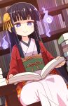  1girl :&gt; black_hair blue_eyes blunt_bangs book book_stack closed_mouth commentary_request green_sash hair_ornament haori highres hitodama holding holding_book indoors jacket japanese_clothes kimono library light_blush long_hair long_sleeves obi original reading red_jacket ribbon sash shelf sidelocks sitting smile solo table white_kimono yellow_ribbon yukinagi 