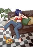  blue_eyes blue_hair bra breasts burger chips_(food) coach denim food good_meat_day highres jeans leona_heidern midriff navel pants pillow plant ponytail red_bra resting sakura_mafumi soda the_king_of_fighters underwear 