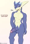 abs absurd_res anthro balls big_penis blue_balls blue_body blue_foreskin blue_skin dabelette dialogue english_text erection foreskin front_view generation_6_pokemon genitals glans gradient_penis greninja hand_behind_back hand_on_penis hi_res holding_penis humanoid_genitalia humanoid_penis long_tongue male multicolored_body multicolored_skin navel nintendo nude offscreen_character open_mouth penis pink_background pink_eyes pink_glans pokemon pokemon_(species) profanity purple_eyes simple_background solo standing text tilde_after_text tongue two_tone_body two_tone_skin url yellow_body yellow_skin